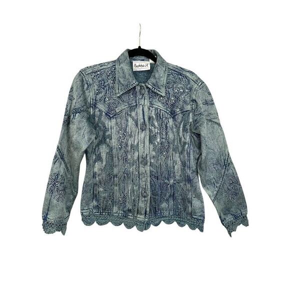 Vintage 90s Flashback Jacket Blue Embroidered Sequin Crochet Size Small Festival - Picture 1 of 8